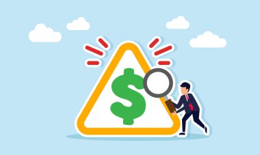 İş adamı, iş dünyasının mali yönetimindeki araştırma ve analizlerin büyültücü cam resimlerini kullanarak dolar sembolleriyle bir işareti inceliyor.