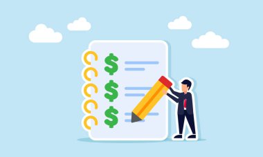 Dolar simgelerinin yer aldığı ve iş gelirleri ve harcamalarının mali raporunu temsil eden belge üzerine kalemle yazı yazan işadamı