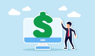 Ekran Temsilcisi İşletme Finansal İdaresi İllüstrasyonundan Çıkan Dolar Sembolüyle İzleyicinin Yanında Duran İşadamı