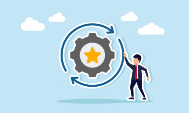 Bir yıldız işareti ve çevreleyen oklar ile bir dişlinin yanında duran işadamı periyodik iş kalitesi standart doğaçlama ihtiyacını gösteriyor