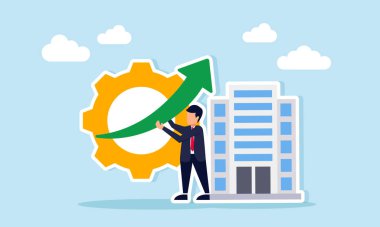 Bir dişlinin önünde yukarı doğru ok tutan bir işadamı ve şirket iş sistemi performans iyileştirmesinin bir illüstrasyonunu oluşturuyor