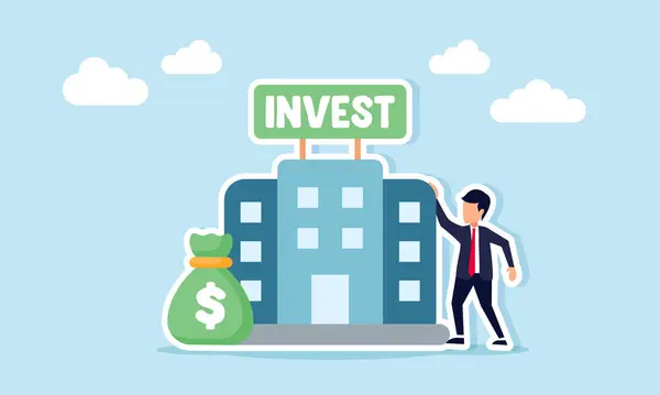 Bir para çantasının yanında duran iş adamı ve şirketlerin mali yatırımlarını yöneten yatırım illüstrasyonları etiketli bir bina