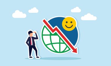 İş adamının kafası aşağı bakan okla karışık ve dünya üzerindeki mutlu ifade, halkın iş ürünlerine gösterdiği olumlu ilgideki düşüşün göstergesidir.