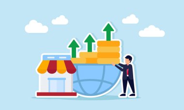 Küresel ölçekte finansal risk yönetimi iş piyasasının resimleriyle dünyanın yarısına madeni para istifleyen işadamı