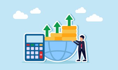 Dünyanın yarısına madeni para yığan işadamı, küresel ölçekte finansal yatırım risk hesaplamasının hesap makinesi çizimine sahip.