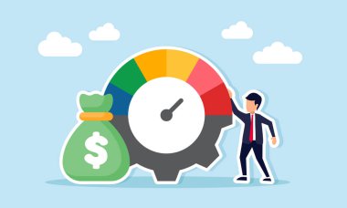 Para çantasının yanında duran bir iş adamı ve bir işletmenin mali performansını izlemenin vites seviyesi göstergesi