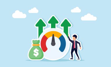 Para çuvalının yanında duran iş adamı ve iş dünyasının mali performansını izlemenin artan ok illüstrasyonuyla seviye göstergesi