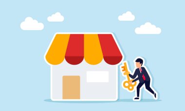 İş adamı, iş sorunları çözümünün resimlerinin yanında bir anahtar tutuyor