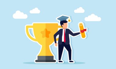 Mezuniyet şapkası takan ve elinde diploma ile önde gelen bir şirket olmanın başarısını gösteren bir belge tutan bir iş adamı.