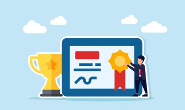 İşadamı, önde gelen bir işletme şirketi olma başarısının bir göstergesi olarak sertifikanın yanına madalya takıyor.