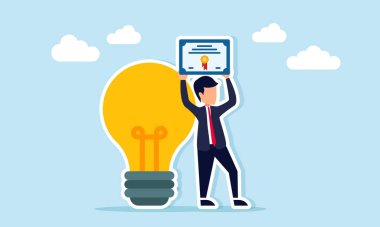 Ampulün yanında duran işadamı, yenilikçi iş fikirlerinin uygulanmasında sertifika belgesinin gösterimini yükseltirken,