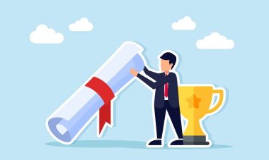 Önde gelen şirket unvanı ödülünün kurdeleli bir illüstrasyonunu elinde tutan bir iş adamı.