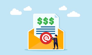 İşadamı, içinde şirket mali raporunun üç dolarlık tabela illüstrasyonunun yer aldığı zarfın üzerine bir sembol koydu.