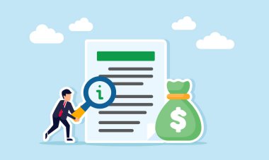 İş adamı elinde bir mektupla büyüteç tutuyor. Para çantası illüstrasyonunun yanında ticari mali yönetimle ilgili bilgi rehberini inceliyorum.