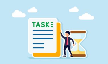 İş bitiş tarihi yönetimi ve zaman baskısı üzerine TASK illüstrasyonu etiketli kum saati ve belge arasındaki işadamı