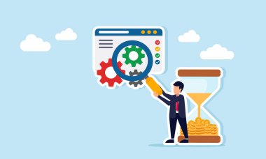 İş adamı elinde büyüteç olan kum saati yakınındaki işadamı, iş sistemi bakımı veya iyileştirme için son teslim tarihinin dişli illüstrasyonuyla uygulama arayüzünü gözlemlemek için büyüteç tutuyor.