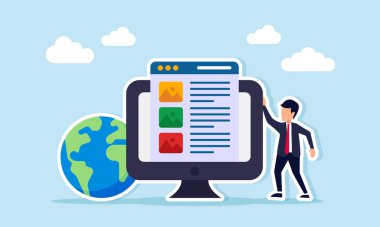 Küresel ölçekte işletme tanıtım medyasının küresel ölçekte yönetilmesi illüstrasyonunun yanında multimedya uygulama arayüzü gösteren monitör yanındaki işadamı