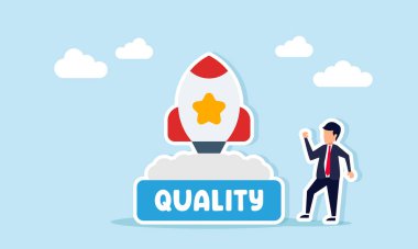 Roket fırlatma rampası yakınındaki iş adamı. Yıldız sembolü ve tahta etiketli. İş performansı kalitesinin standardını artırma illüstrasyonu.