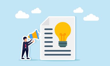 Elinde kağıt yanında megafon tutan bir işadamı. Ampul sembolü. Eğitimin iş fikri ilhamı ile ilgili tasviri.