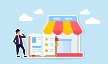 Pazar yeri kalitesi standartlarını iyileştirme yönergelerini öğrenmenin illüstrasyonunun yanında yıldız sembollü bir iş adamı gözetimi