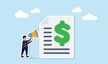 Kağıdın yanında megafon tutan bir işadamı. Dolar sembolü ile mali eğitimin ve doğru işletme parası yönetimi hakkında farkındalık.