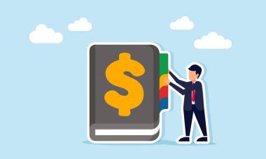 İş adamı, iş dünyasının arşiv ve mali muhasebe kayıtlarının dolar sembolüyle defterine noktalama işareti koyuyor.