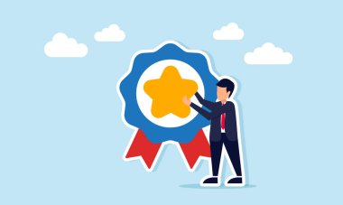 İş adamı, iş kalitesi standartlarının iyileştirilmesinde elde ettiği başarılardan ötürü madalya illüstrasyonuna yıldız koydu