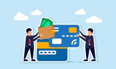 Bir iş adamı para dolu bir cüzdan tutarken, bir diğeri kredi veya banka kartı illüstrasyonunu düzenliyor.