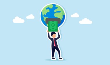 Dünya 'dan para çeken bir iş adamı. Dünyanın doğal kaynaklarını sömüren bir iş illüstrasyonuna benzeyen bir ATM.