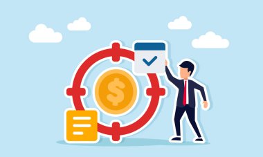 İşadamı, şirketlerin kâr elde etme hedeflerinin dolar sikkeleri olduğunu gösteren bir etiket koyuyor.