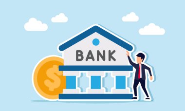 Para biriktirmenin ve yatırım yapmanın önemini gösteren para basma ve banka inşa etme illüstrasyonları