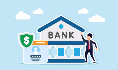 Uygulama giriş arayüzü yakınındaki işadamı, dolar sembolü ve banka binası illüstrasyonunu gösteren bir kalkanla yatırımdaki mali varlık ve veri güvenliğini gösteriyor