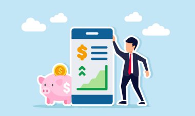 İş adamı domuz kumbarası ve uygulama arayüzü dışında artan iş yatırımlarının grafiklerini ve dolar işaretlerini gösteren bir tablo.