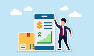 Paket kutusu ve uygulama arayüzünün yanında lojistik sektöründeki finansal büyümenin grafik ve dolar işaretlerini gösteren bir işadamı