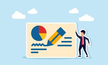 İş adamlarının performans raporlarını hazırlarken kalem illüstrasyonuyla grafiğin yazıldığını gösteren belge yakınındaki işadamı