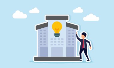 İş dünyasının fikir kaynağının ışık sembolü illüstrasyonuna sahip iş adamı