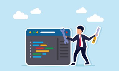 İş başvuru sistemi için program arayüzü yakınındaki iş adamı elinde tornavida ve ingiliz anahtarı çizimi