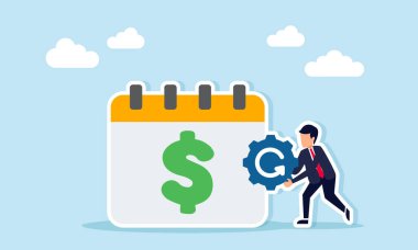 Takvim yakınındaki işadamı dolar taşıma teçhizatı ile işaretlenmiş iş mali sistemi için düzenli bakım resimleriyle