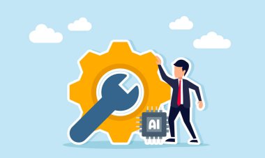 Sistem teçhizatı mekanik anahtarı ve yapay zeka işlemcisi yakınındaki işadamı, iş sistemi bakım illüstrasyonunun geliştirilmesinde verimlilik ve etkinliği temsil ediyor