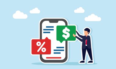 Reklam stratejisi ve indirimli illüstrasyon illüstrasyonları üzerine ilham arayışını temsil eden bir dolar sohbet diyaloğu kurarken akıllı bir telefonun yanında çalışan bir iş adamı