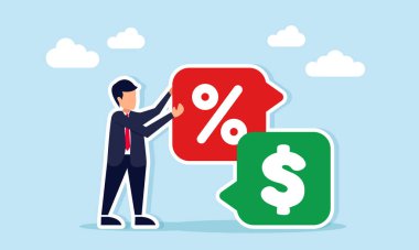 Kar dağılımı ve iş temettüleri stratejisi hakkında bir dolar işaretli sohbet illüstrasyonunun üzerinde yüzde işaretli bir sohbet düzenleyen işadamı