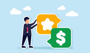 İş adamı, iş kalitesi standartları ve mali yönetim hakkında bir dolar işaretli sohbet illüstrasyonunun üzerinde bir yıldız işaretli sohbet düzenliyor