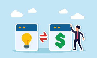 İki uygulama arayüzü yakınındaki işadamı bir ampul ve bir dolar işareti gösteriyor. Fikir alışverişi ve iş finansmanının çift ok çizimiyle ayrılmış.