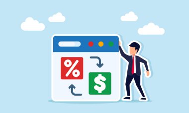 Bir uygulama arayüzü yakınındaki bir işadamı, satış indirimi yaklaşımı yoluyla karı artırmak için planlama stratejisinin resimlerini gösteren yüzde ile dolar sembolleri arasındaki alışverişi gösteriyor.