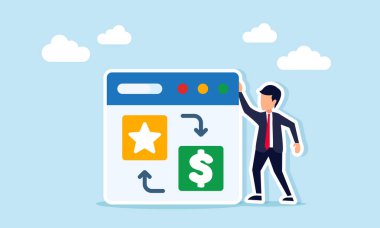 İş adamı, yıldız ve dolar sembolleri arasındaki alışverişi gösteren bir uygulama arayüzü yakınında iş kalitesi standartlarını iyileştirmek için bir tasarım çizelgesi tasarımı yapıyor