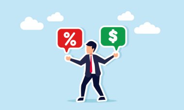 İş adamı bir elinde yüzde yüz sohbet balonu, diğer elinde ise indirimli pazarlama stratejisinin paylaşımının bir resmi olarak bir dolar sohbet balonu tutuyor.