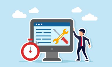 Bir alarm saatinin yanında duran bir iş adamı ve bir monitör iş sistemi bakım illüstrasyonunun son teslim tarihini temsil eden bir ingiliz anahtarı ve tornavida gösteriyor