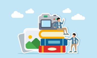 Fotoğraf makinesinin yanında oturan fotoğrafçı kitap yığınına yerleştirilirken, bir diğeri de fotoğrafçılık tekniklerini ve becerilerini geliştirmek için fotoğraf albümü illüstrasyonuna yakın duruyor.