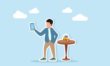 Akıllı telefon kullanan fotoğrafçı, kişisel markalaşma illüstrasyonunu yemek blokçusu olarak masaya selfie çekiyor.