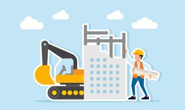 İnşaat alanı yakınında proje evrakları ve inşaat ve ağır ekipman operasyonlarını denetleyen yoğun kazı çizelgesi tutan mühendis.